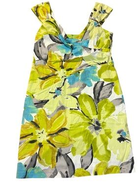 Liz Claiborne Size 14 Floral Dress Lime Green Blue A-Line Structured Plus Spring